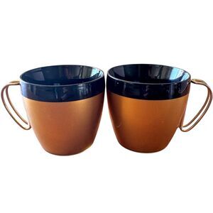 Vintage West Bend Thermo-Serv Gold Black Insulated Mugs MCM Coffee Cups Pair